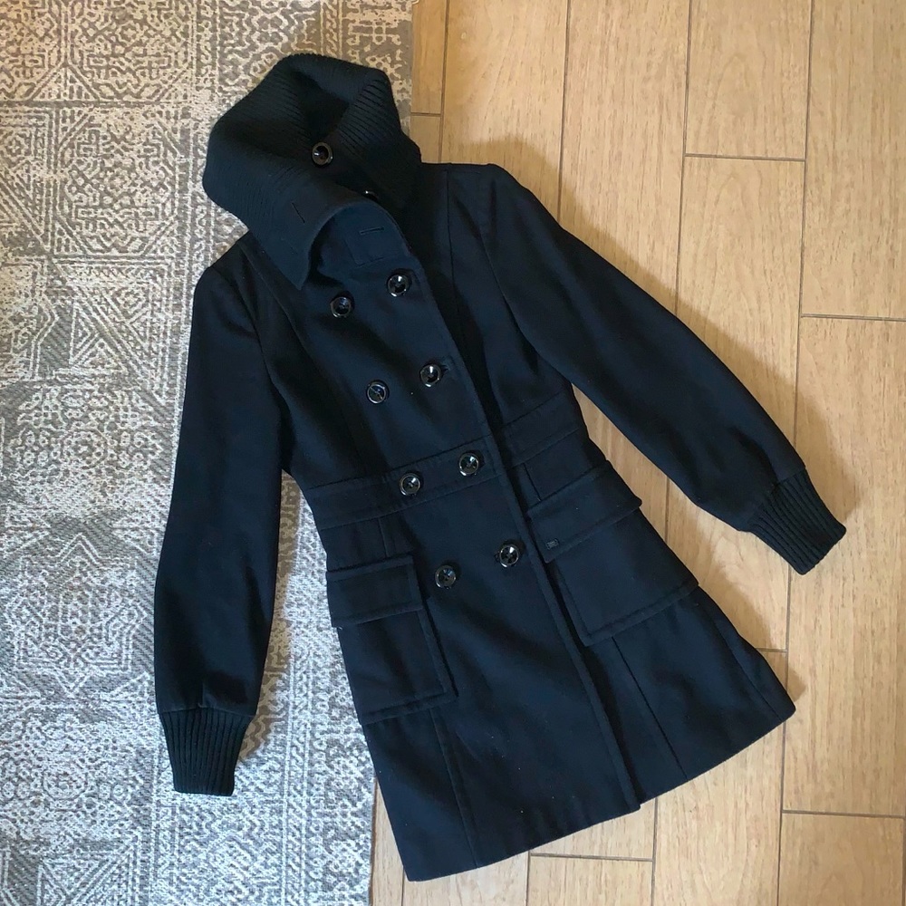 DKNY Jeans Black Wool Pea Coat with High Collar